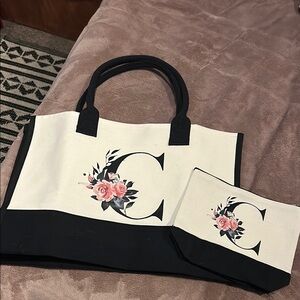 Floral Monogram Canvas Tote Bag Set - Black & White